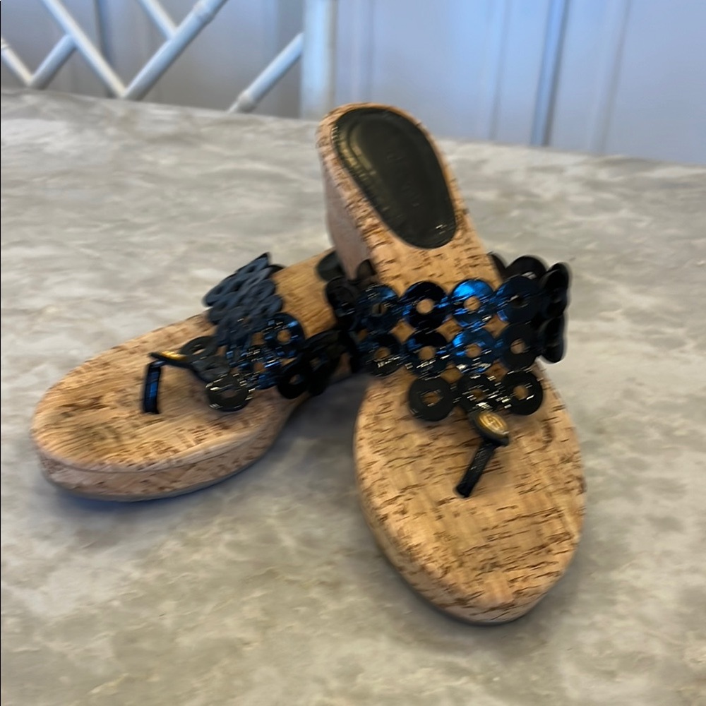 Eric Javits Cork Wedge Black Sandals size 8